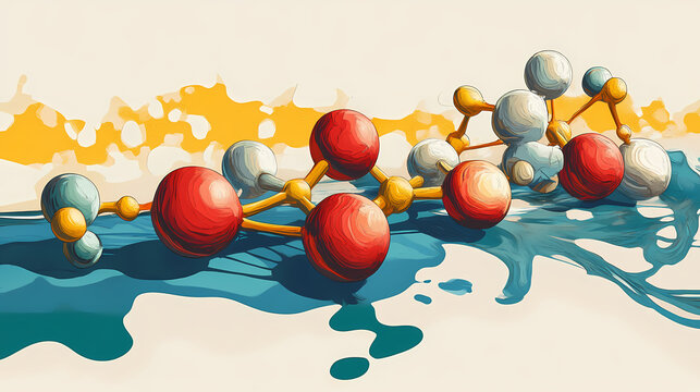Illustration of propylene glycol molecules interacting with other compounds, dynamic visual, chemical interaction. Ethersea. Illustration