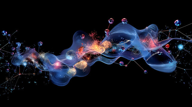 Illustration of propylene glycol molecules interacting with other compounds, dynamic visual, chemical interaction. Ethersea. Illustration