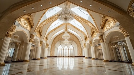 Grand opulent hall with high ceilings, marble floor, gold accents, and a large chandelier.
