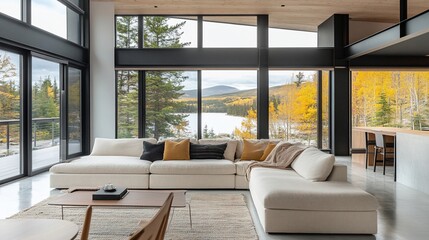 Fototapeta premium Modern living room with large windows showcasing stunning autumnal lake and mountain view.