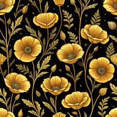 Golden Poppy Floral Seamless Pattern, Fabric texture and Textile pattern on Black Background