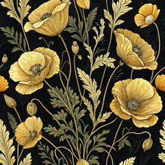 Golden Poppy Floral Seamless Pattern, Fabric texture and Textile pattern on Black Background