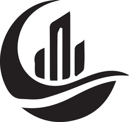 Modern abstract big urban high rise building anagram symbol logo icon design as a silhouette depiction of a growing big company mascot emblem