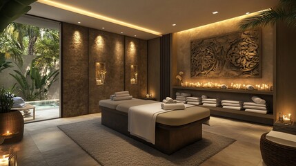 Fototapeta premium Luxurious spa room with massage table, towels, candles, and tropical view.