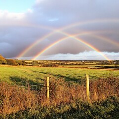 Obraz premium Double rainbow arching over a serene green field, with a wire fence in the foreground.