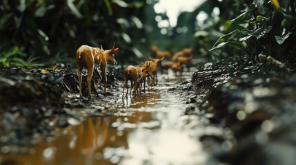 Fototapeta premium Families of Animals Walking Through a Jungle Path