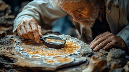 Elderly Geologist Examining Petrified Wood Specimen