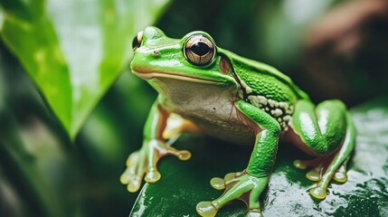 Naklejka premium Frog in Wet Jungle With Overcast Sky