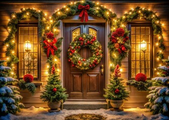 Capture festive Christmas cheer: wreath's glow reflected in window lights, a magical night scene.