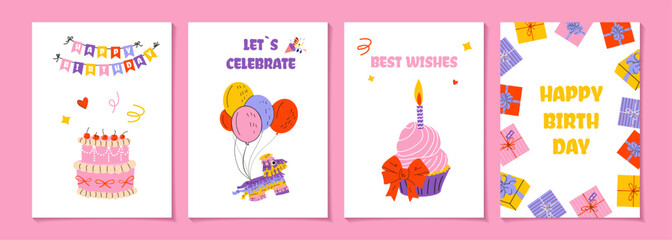 Set of birthday greeting cards design with cake, balloons, gifts and typography design. Abstract universal grunge artistic templates. For poster, business card, invitation, flyer, banner, email header