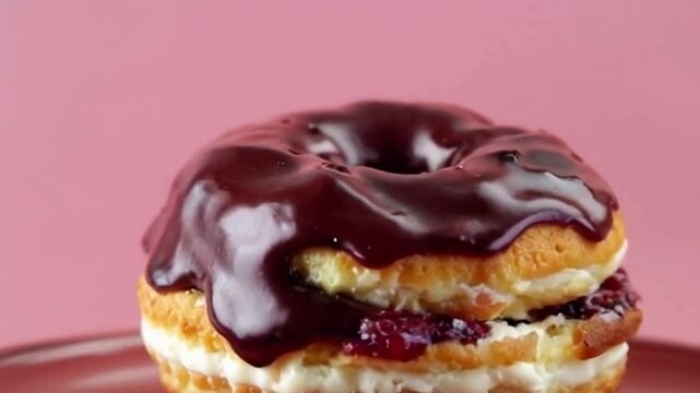 Chocolate berry cronut with alternating glazes and rich layers, set against a muted pink and brown backdrop enhancing contrast