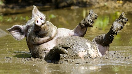Obraz premium Happy pig wallowing mud puddle farm summer