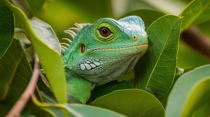 Fototapeta premium Lizard Camouflaged in Jungle Foliage During Golden Hour