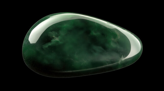 one single green nephrite jade pebble isolated on solid black background