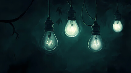 Bright glowing lightbulb among others hanging in the dark. Ethersea. Illustration
