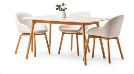 Wooden dining table with angled legs, paired with fabric chairs, minimalist Nordic design, isolated on white background