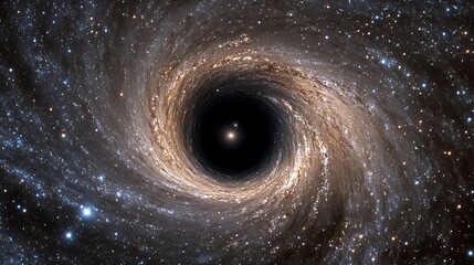 Black hole with swirling galaxy, stars, space, and gravitational pull.