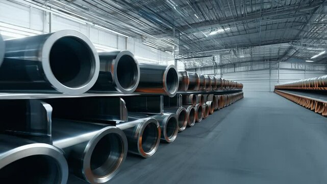 video of dynamic 3D animation showcasing copper steel pipes stacked neatly warehouse creating detailed industrial background scene