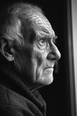 Obraz premium An elderly man sits quietly by the window, lost in thought or perhaps a sad mood.