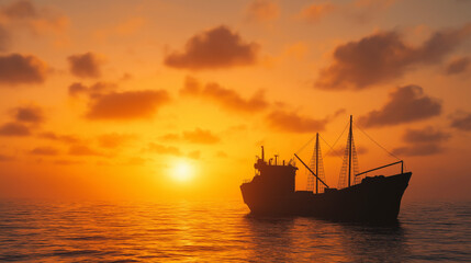 Obraz premium Golden Hour at Sea: Silhouette of a historic cargo ship sailing majestically into a breathtaking sunset, evoking a sense of adventure and exploration. 