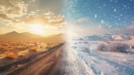 Climate change transition from summer desert heat to winter snow. Extreme contrast weather range at transportation road driving lanes. Dangerous drought, golden desertification to snowy white blizzard