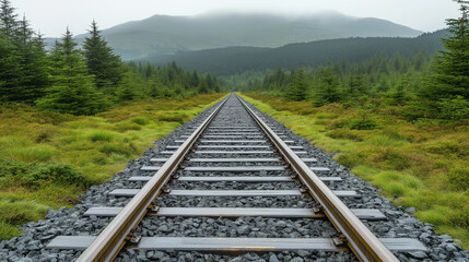 Obraz premium Railroad Tracks Through Misty Mountains: A solitary set of train tracks vanishes into the distance, framed by lush green forests and mist-shrouded mountains, evoking a sense of mystery and adventure.