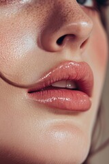 A woman's lips enhanced with a glossy lipstick for microstock use.