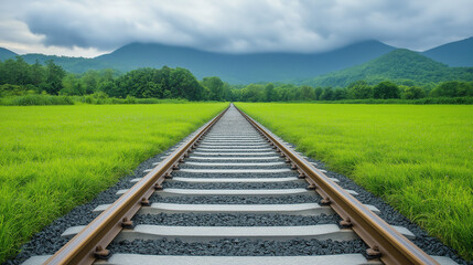 Obraz premium Endless Journey: A scenic railroad track winds its way through a lush green meadow, the rails vanishing into the distance, promising endless possibilities and adventures. 