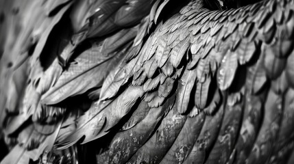 The image is a close up of a bird's wing with feathers. The feathers are black and white, and the wing appears to be slightly damaged. Scene is somber and melancholic, as the damaged wing