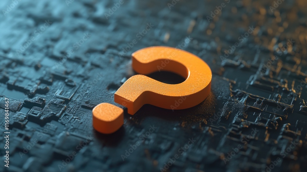 Poster close up image showing an orange question mark symbol on a circuit board, indicating curiosity or te