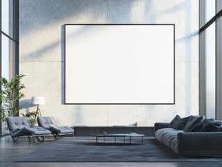 This is a modern, minimalist living room with high ceilings and large windows. The space features a cozy couch and a large flatscreen TV mounted on the wall.