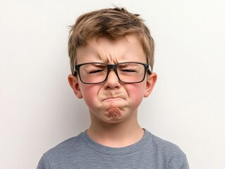 The image is a close-up of a young boy's face, expressing frustration or annoyance. He wears glasses and appears to be making an unpleasant face.