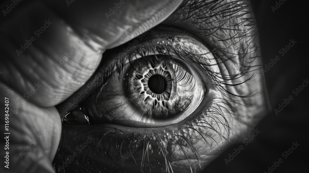 Poster a close-up image of an eye with a gear mechanism integrated into it. the image represents advanced m