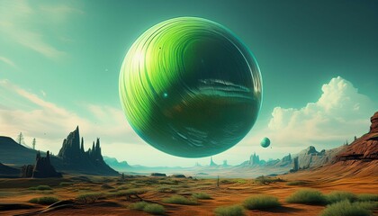 a giant green sphere hovering over a desolate landscape