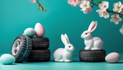easter themed backdrop with car tires and pastel eggs white rabbit figurine and cherry blossoms on turquoise background