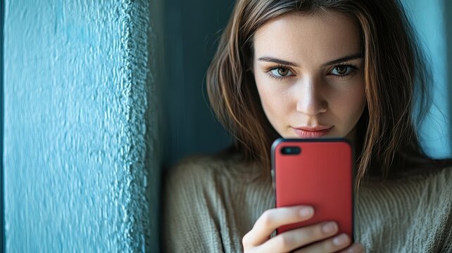 Message concept. Young woman focused on her smartphone in a calm setting.