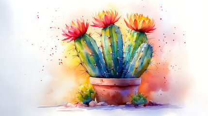 Vibrant watercolor painting of a blooming cactus in a terracotta pot, with smaller cacti and stones at the base, set against a warm, sunlit background.