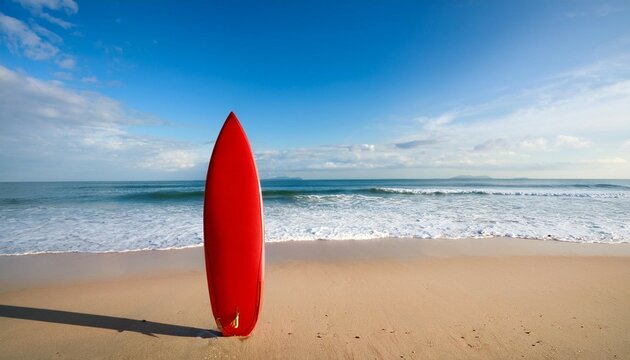red surfboard on beach near sea