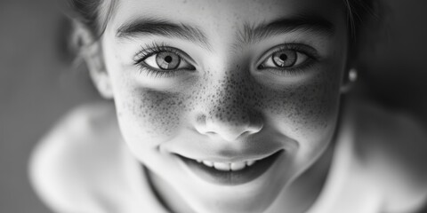 Smiling young girl with freckles and beautiful eyes. Close-up portrait of a happy child.