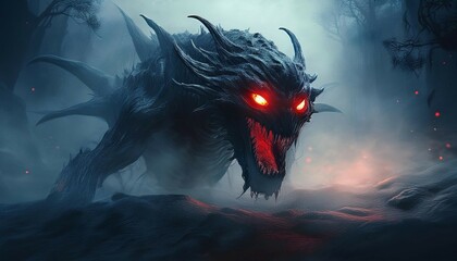 dark and mysterious creature with glowing red eyes emerging from foggy depths