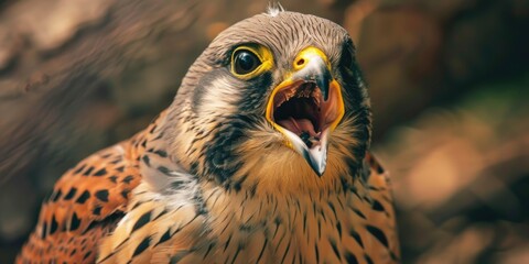 Bird with a yellow beak is looking at the camera. The bird has a mouth open and is making a loud noise