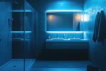 A contemporary bathroom with a modern color scheme. The blue lights give the space an elegant and serene atmosphere.