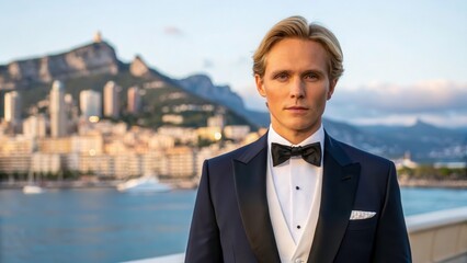 Elegant Portrait During Monaco National Day Celebration With Stunning Coastal Backdrop. Generative AI