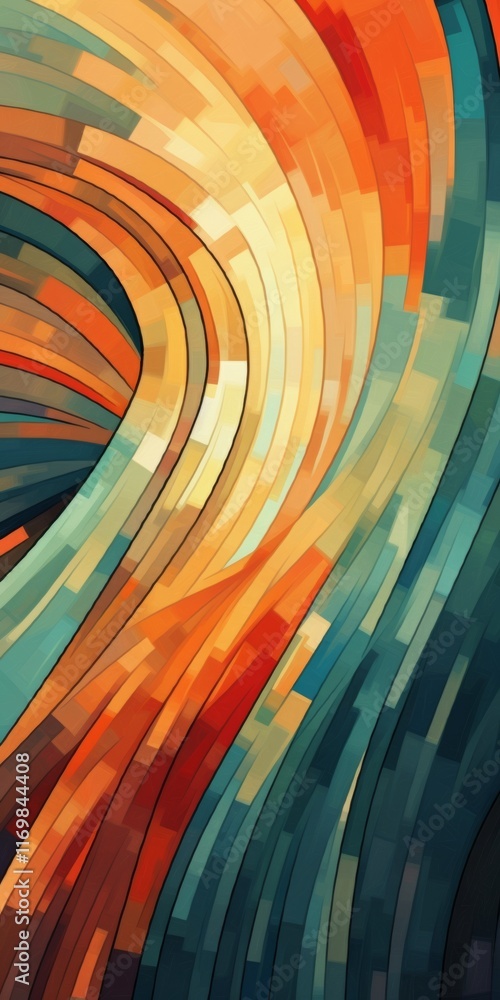 Poster abstract art: warm and cool tones blend in a dynamic, curving composition. ideal for backgrounds or 