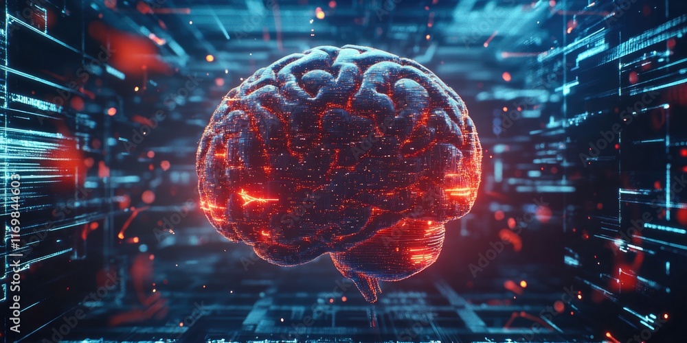Poster a glowing digital brain on a futuristic interface, set against a cosmic background with abstract ene