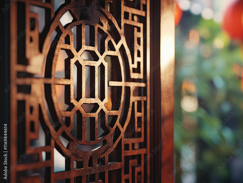 Poster wooden door with a circular design on it. the design is intricate and detailed, with many small squa