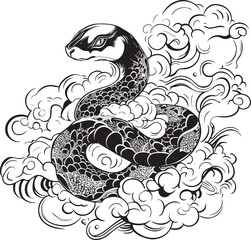Naklejka premium A painting in vector of the twelve zodiac snake drawn in black lines, this is a tattoo design surrounded by clouds and water. Elegant composition in a clip art style , isolated on a white background