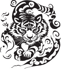 Fototapeta premium A painting in vector of the twelve zodiac tiger drawn in black lines, this is a tattoo design surrounded by clouds and water. Elegant composition in a clip art style , isolated on a white background.