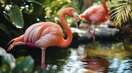Vibrant Flamingos in Lush Jungle Setting