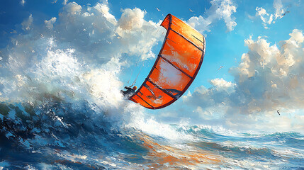 Kitesurfer riding a large wave, bright orange kite, sunny day, ocean.